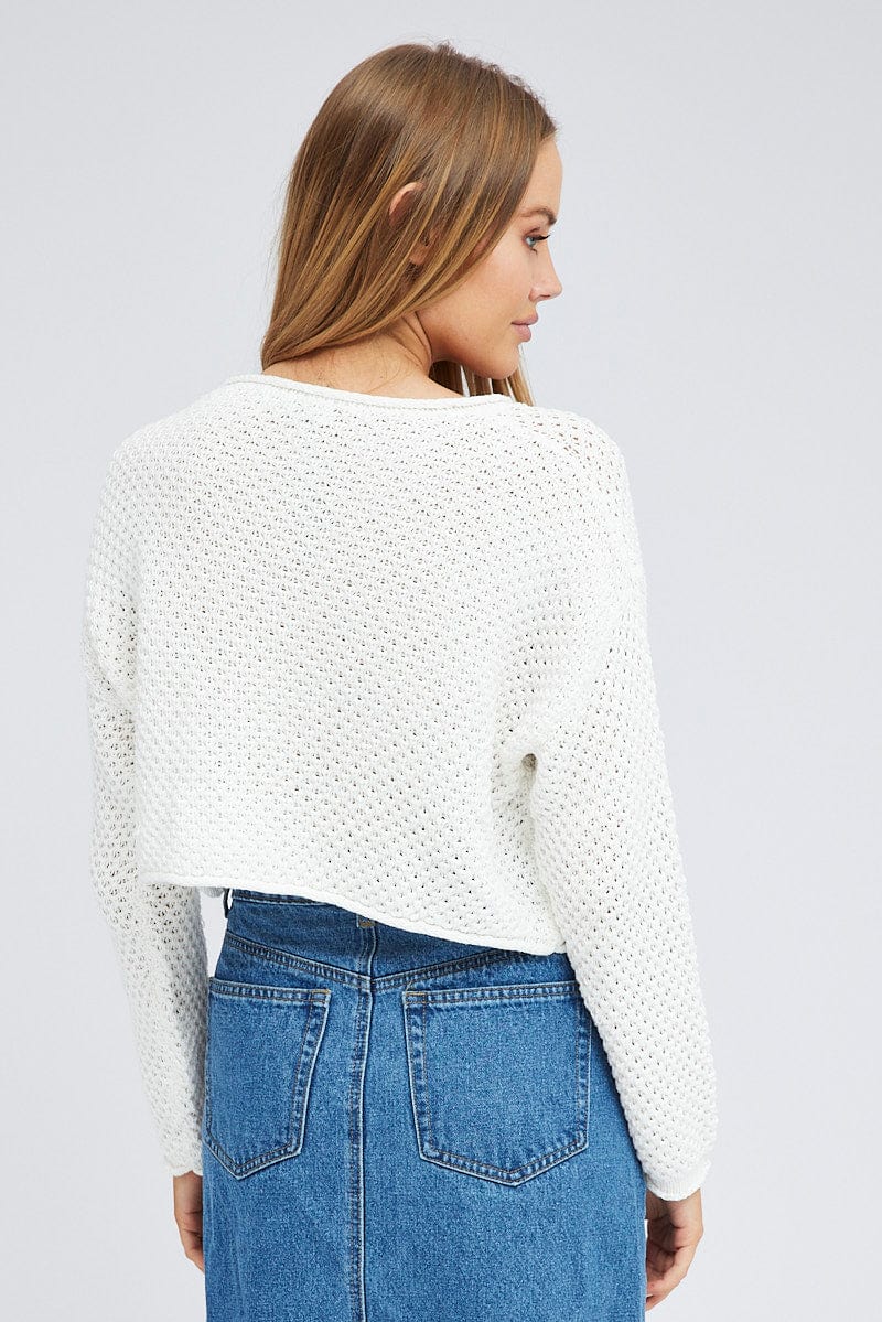 White Knit Top Long Sleeve Crew Neck for Ally Fashion