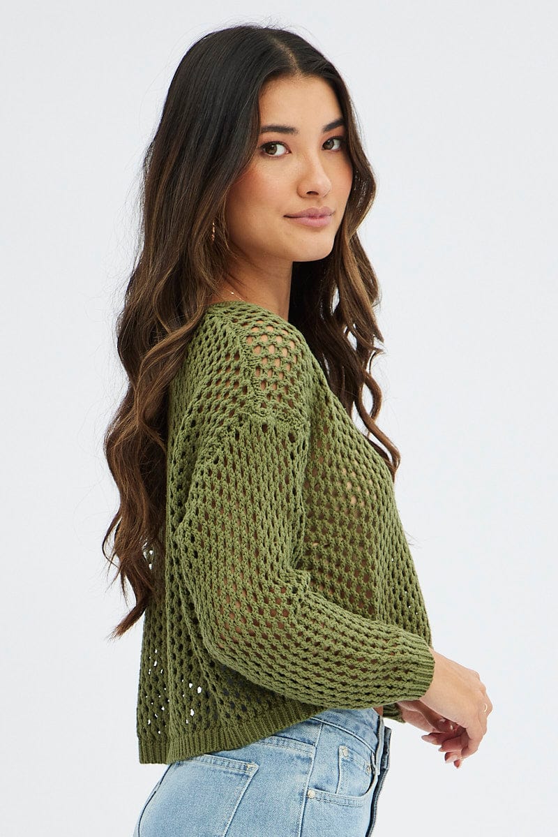 Green Knit Jumper Long Sleeve Fishnet for Ally Fashion