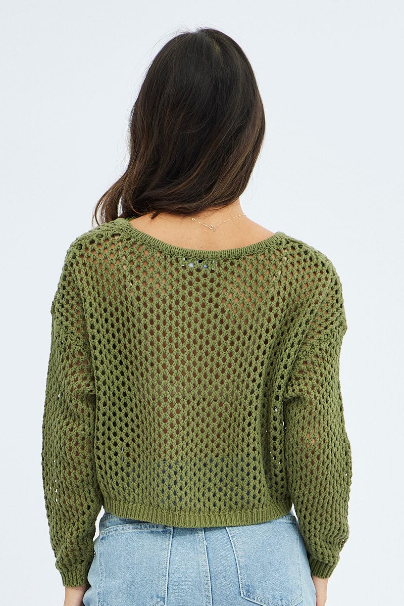 Green Knit Jumper Long Sleeve Fishnet for Ally Fashion