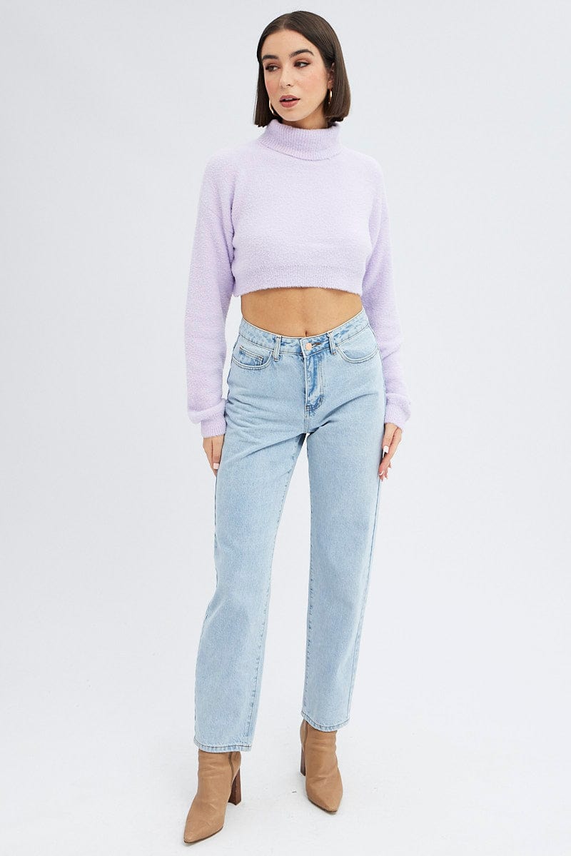 Purple Knit Jumper Turtle Neck Crop for Ally Fashion