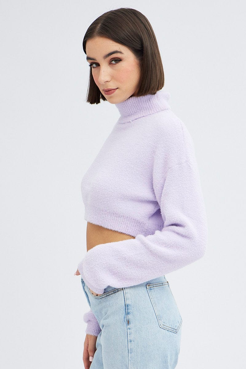 Purple Knit Jumper Turtle Neck Crop for Ally Fashion