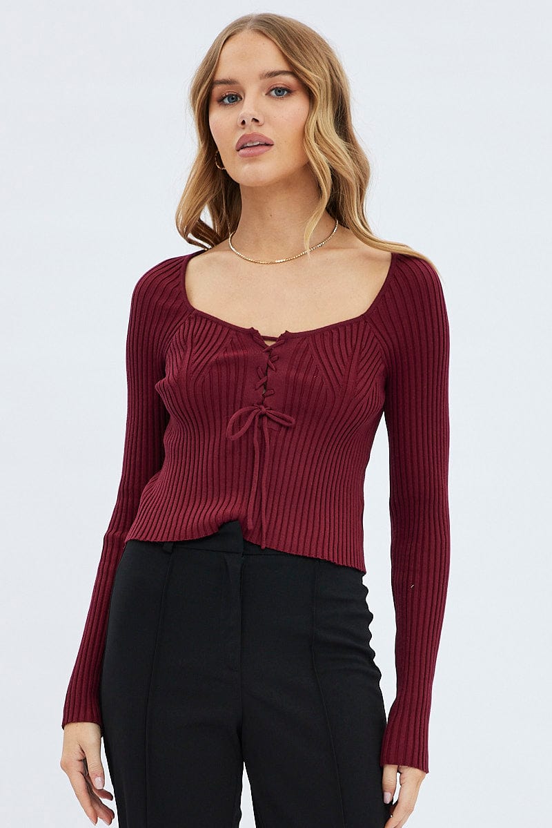 Red Knit Top Long Sleeve Lace Up Detail Ribbed for Ally Fashion