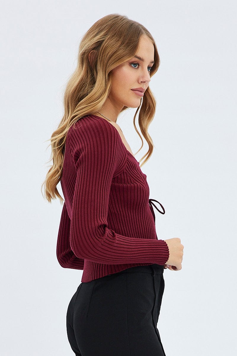 Red Knit Top Long Sleeve Lace Up Detail Ribbed for Ally Fashion