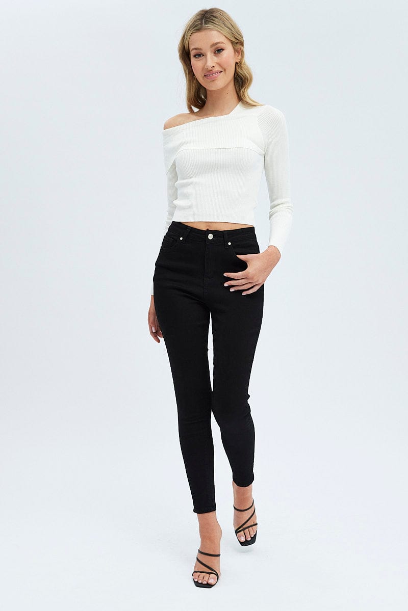 White Knit Top Off The Shoulder Ribbed for Ally Fashion