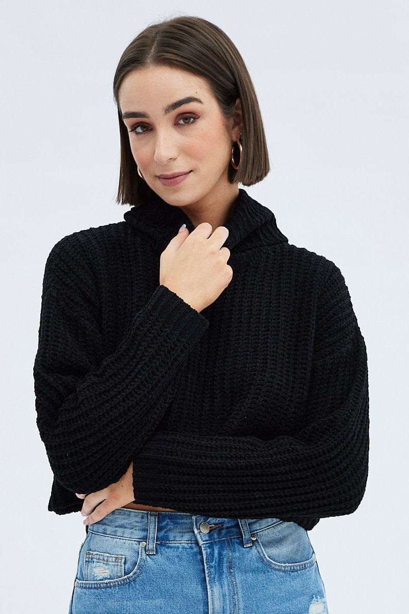 Black Knit Jumper Turtle Neck Chenille for Ally Fashion