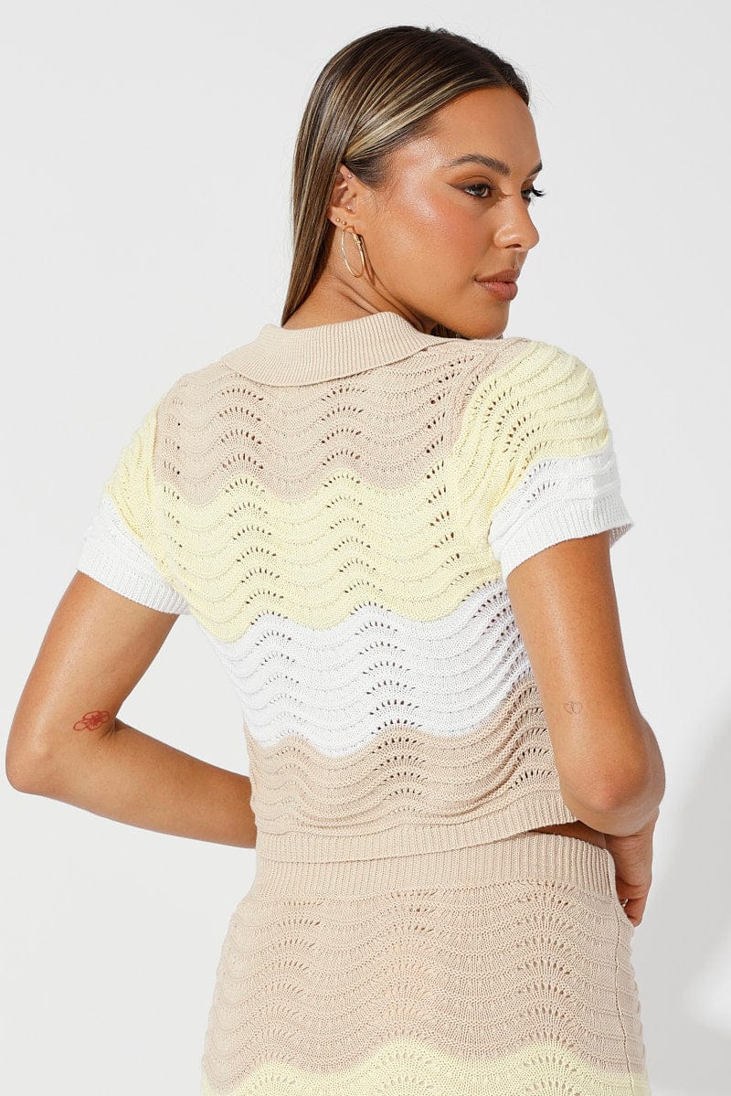 Beige Stripe Crochet Knit Top Collared for Ally Fashion