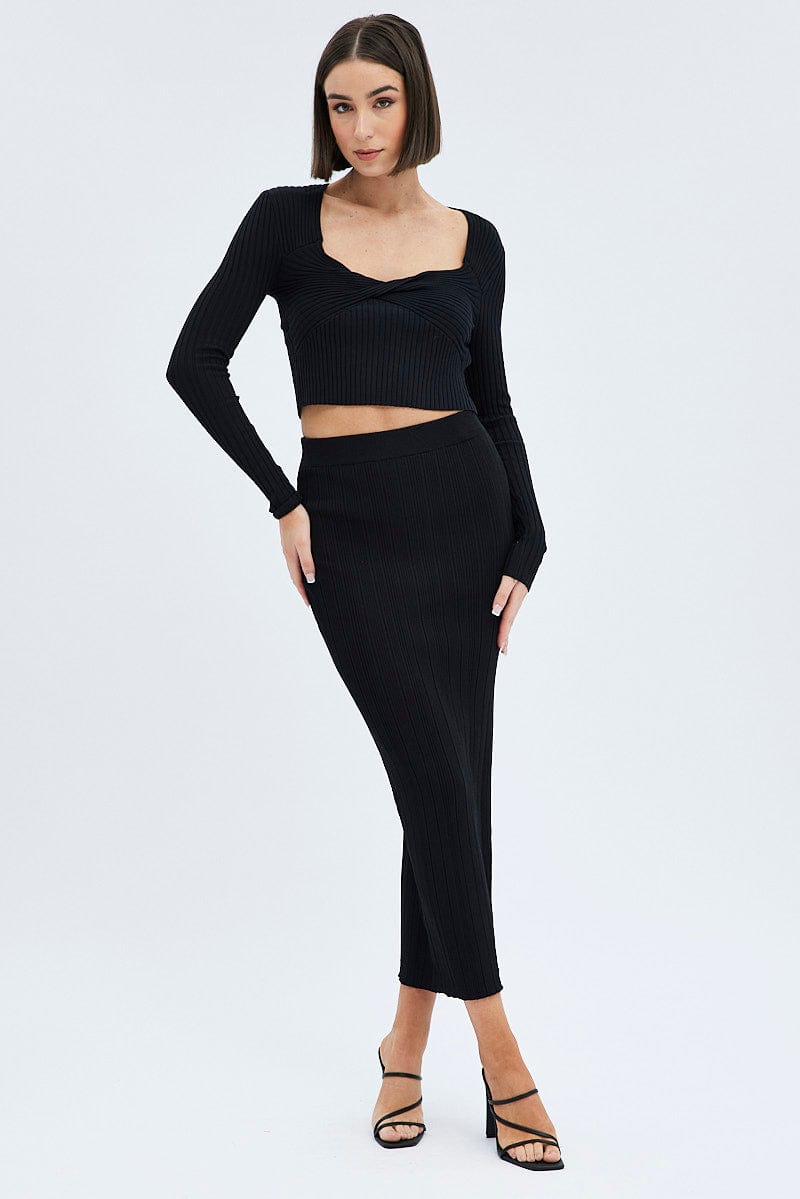 Black Knit Top Twist Bust Crop Ribbed for Ally Fashion