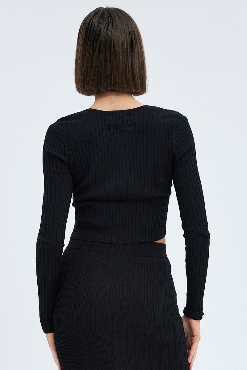 Black Knit Top Twist Bust Crop Ribbed for Ally Fashion