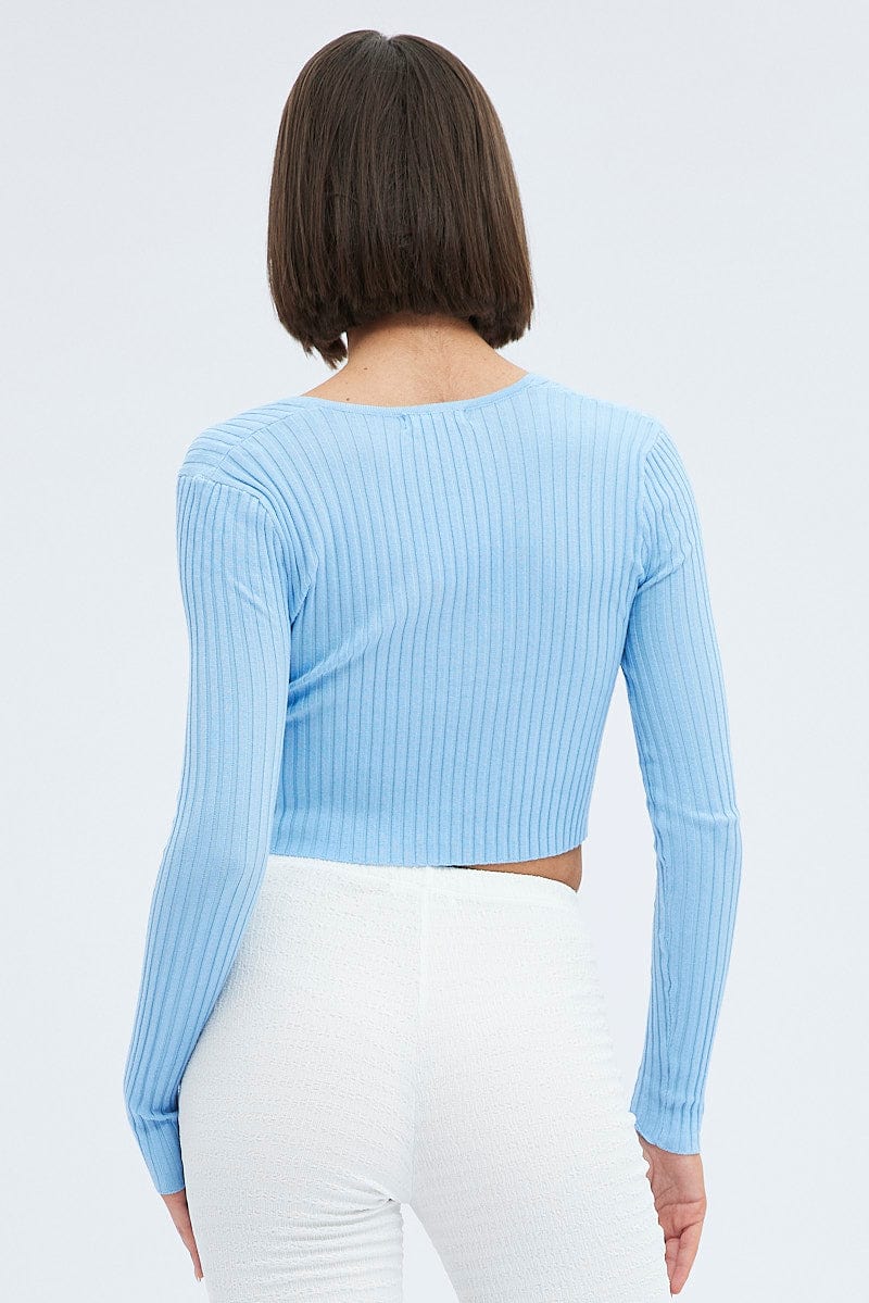 Blue Knit Top Twist Bust Crop Ribbed for Ally Fashion