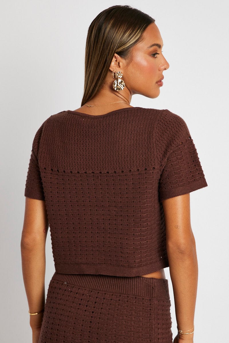 Brown Knit Top Short Sleeve Crochet for Ally Fashion