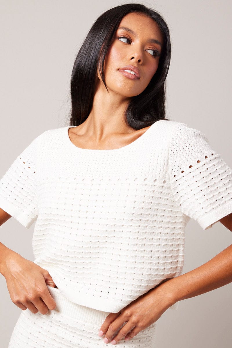 White Knit Top Short Sleeve Crochet for Ally Fashion