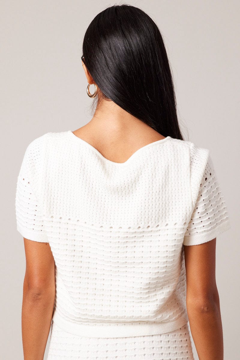 White Knit Top Short Sleeve Crochet for Ally Fashion