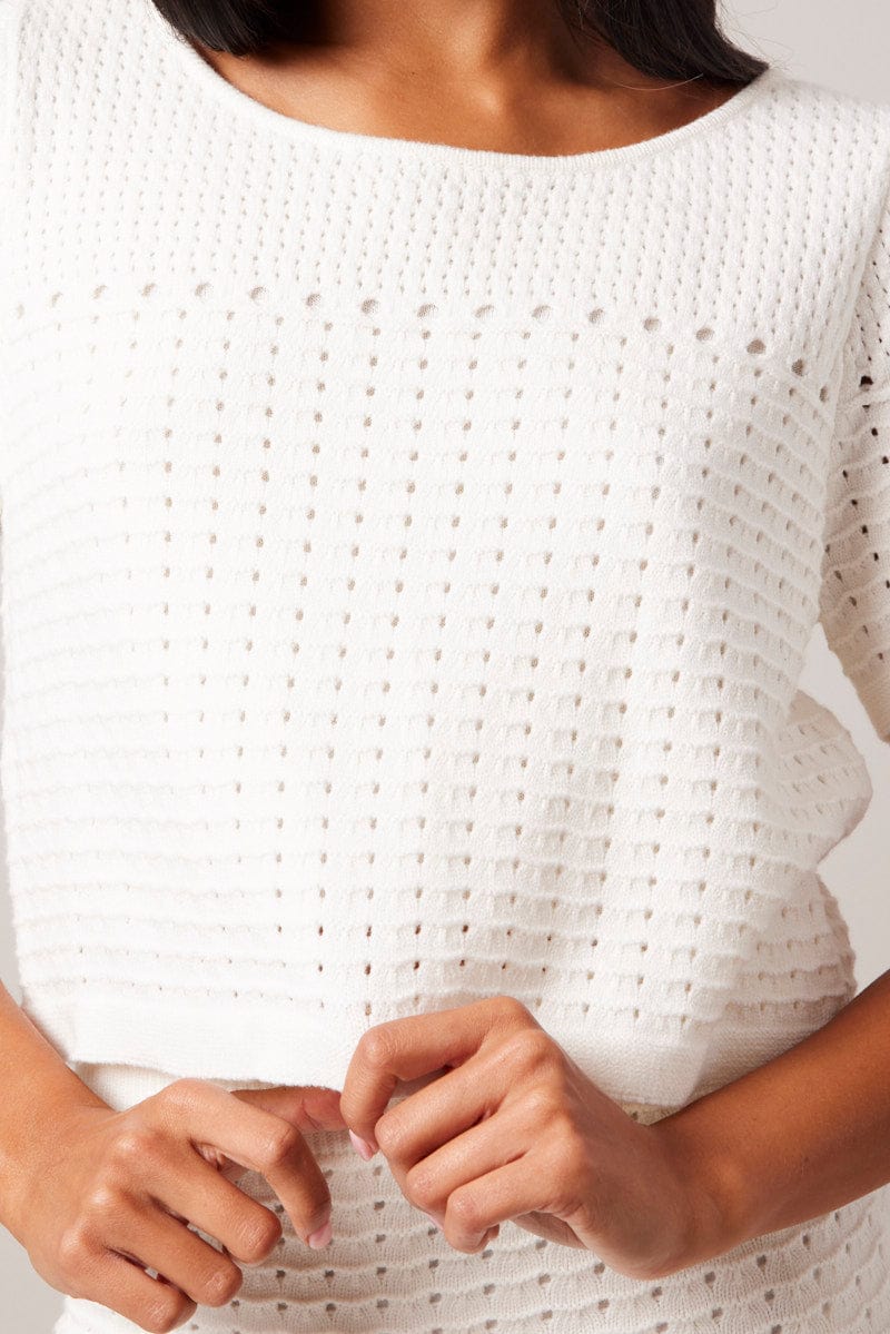 White Knit Top Short Sleeve Crochet for Ally Fashion