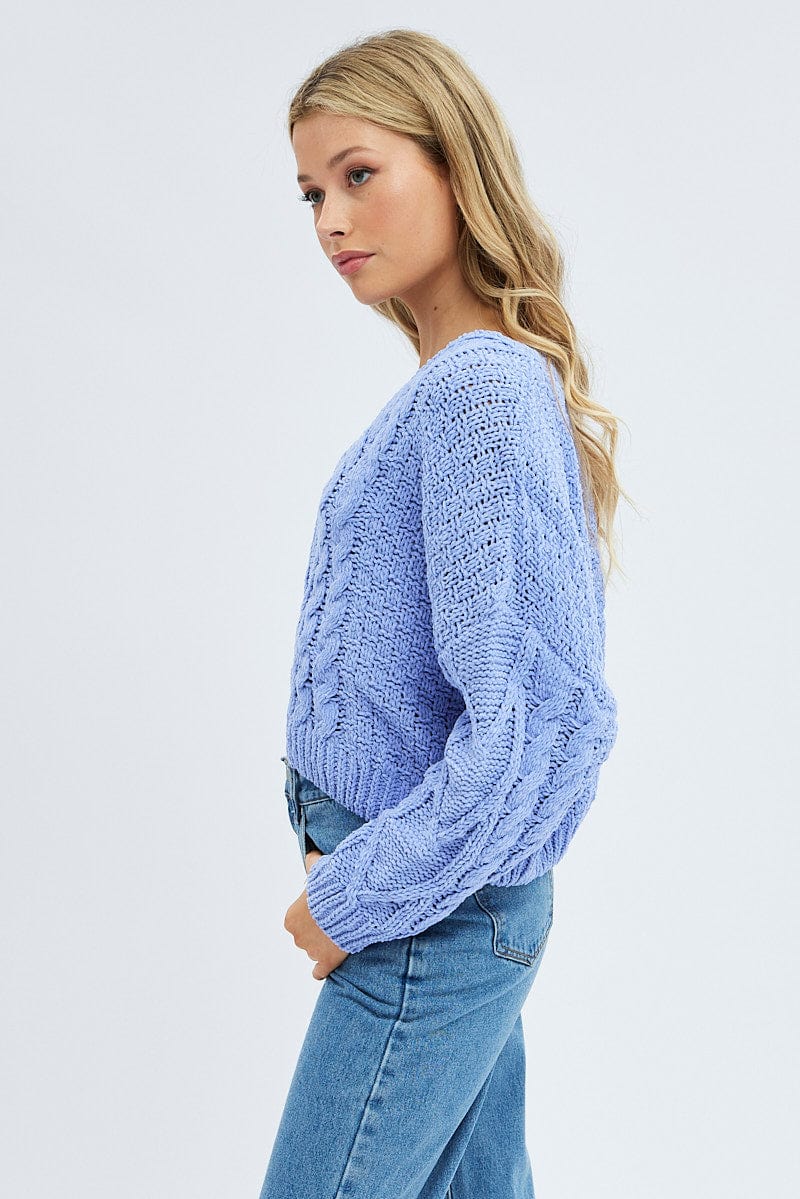 Blue Knit Top Long Sleeve V-Neck Cable for Ally Fashion