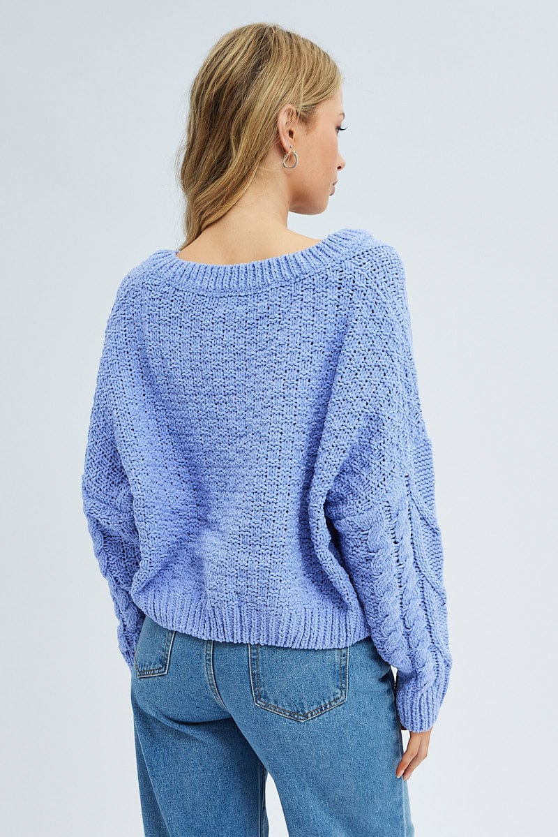 Blue Knit Top Long Sleeve V-Neck Cable for Ally Fashion