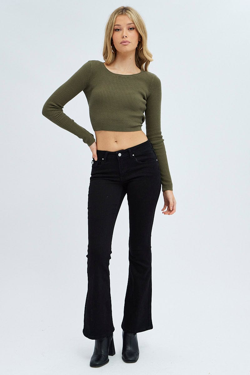 Green Knit Top Long Sleeve Crop for Ally Fashion