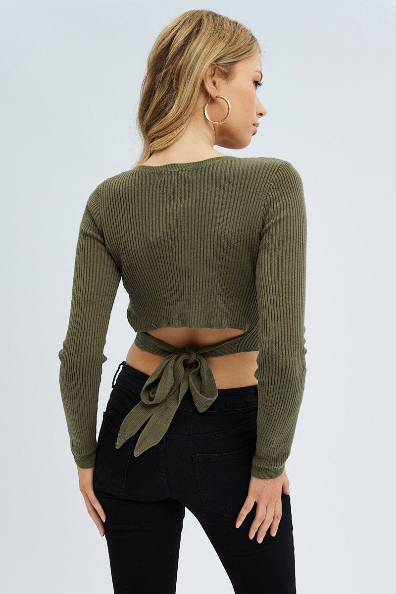 Green Knit Top Long Sleeve Crop for Ally Fashion