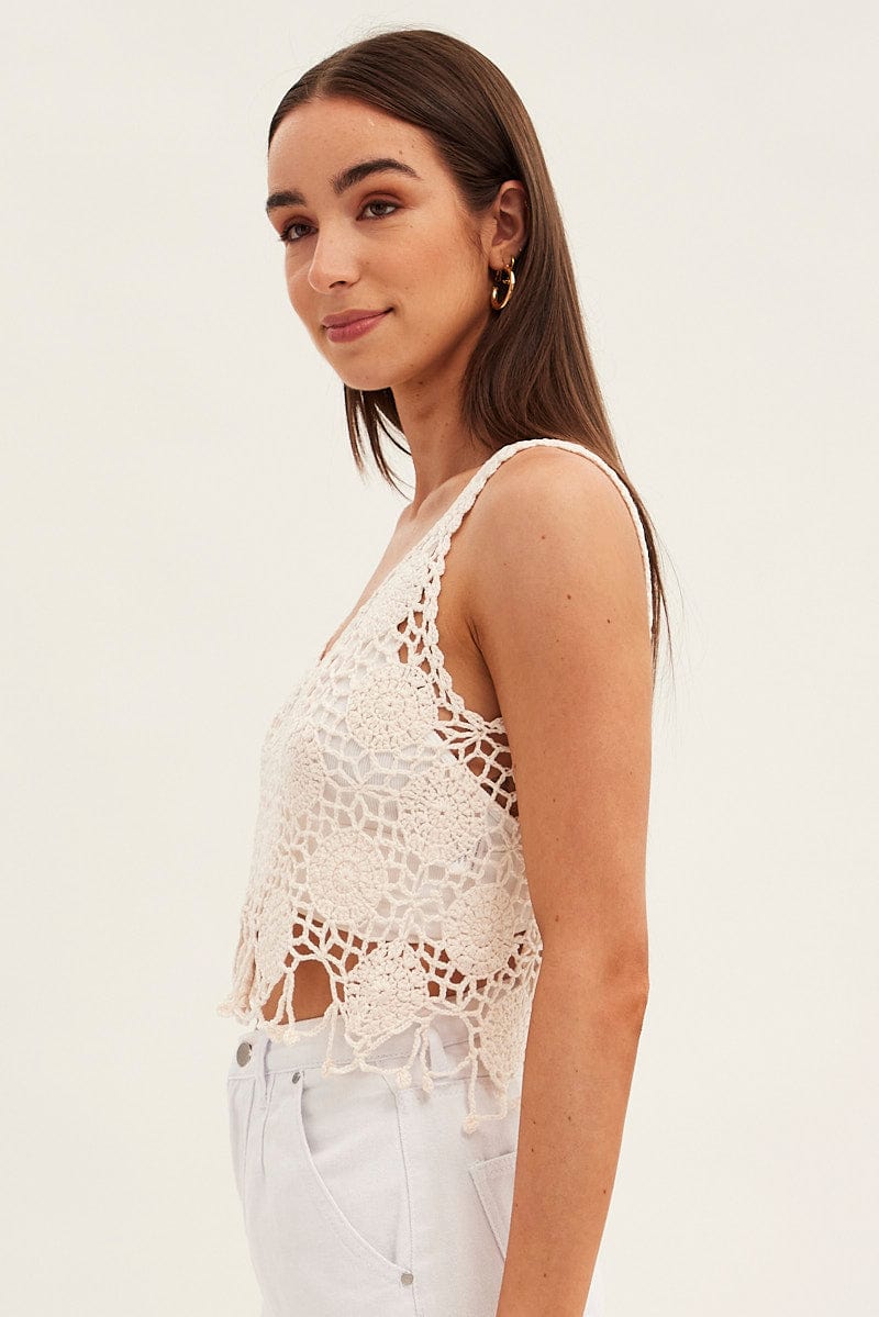 Beige Crochet Knit Sleeveless V-Neck Ally Fashion