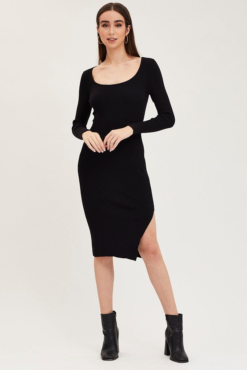 KNIT DRESS Black Dress Long Sleeve Midi Knit for Women by Ally