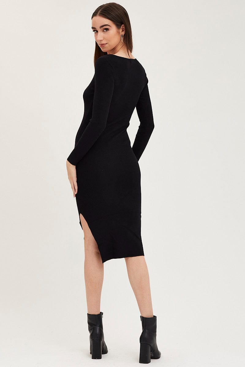 KNIT DRESS Black Dress Long Sleeve Midi Knit for Women by Ally