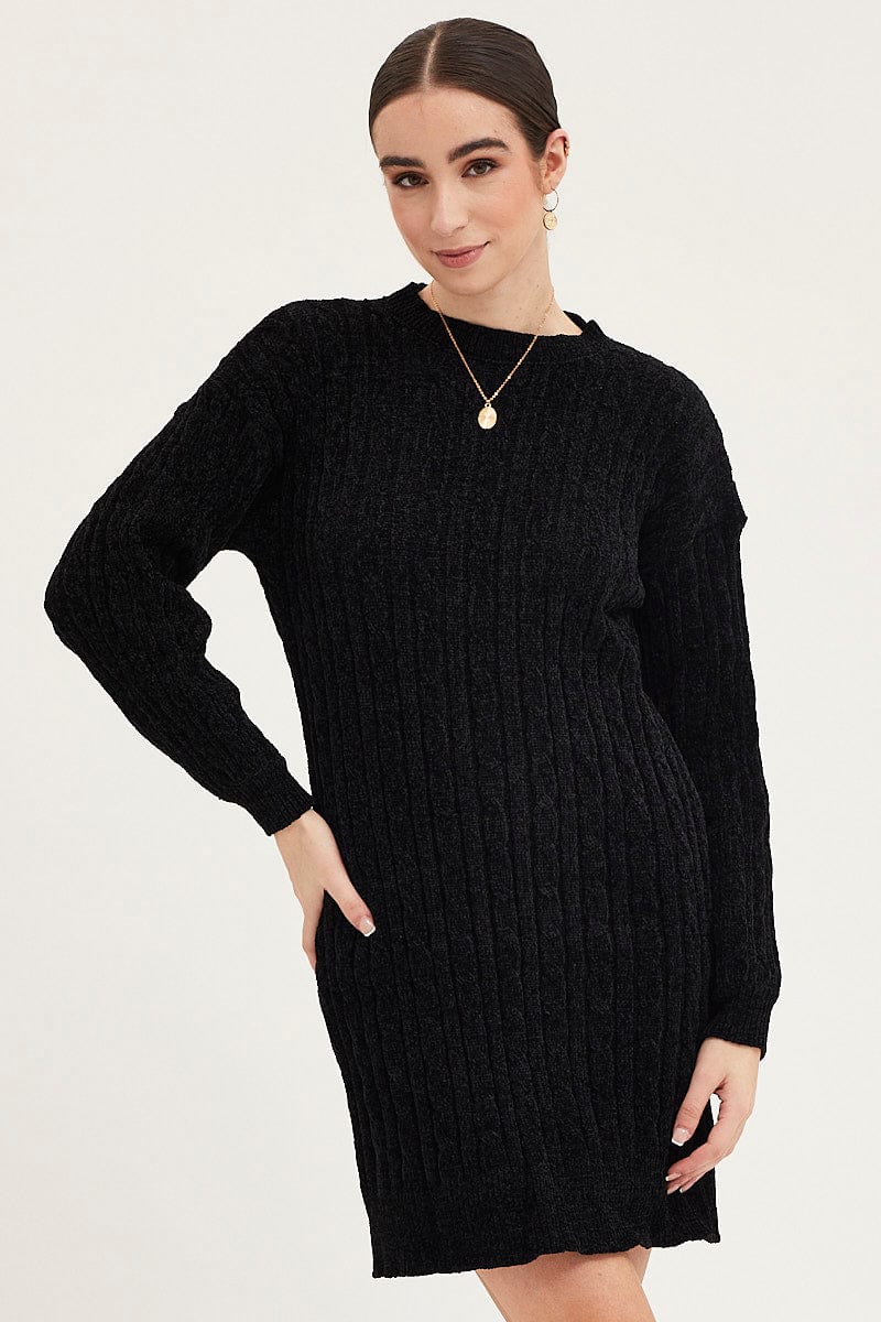 KNIT DRESS Black Dress Long Sleeve Mini Knit for Women by Ally