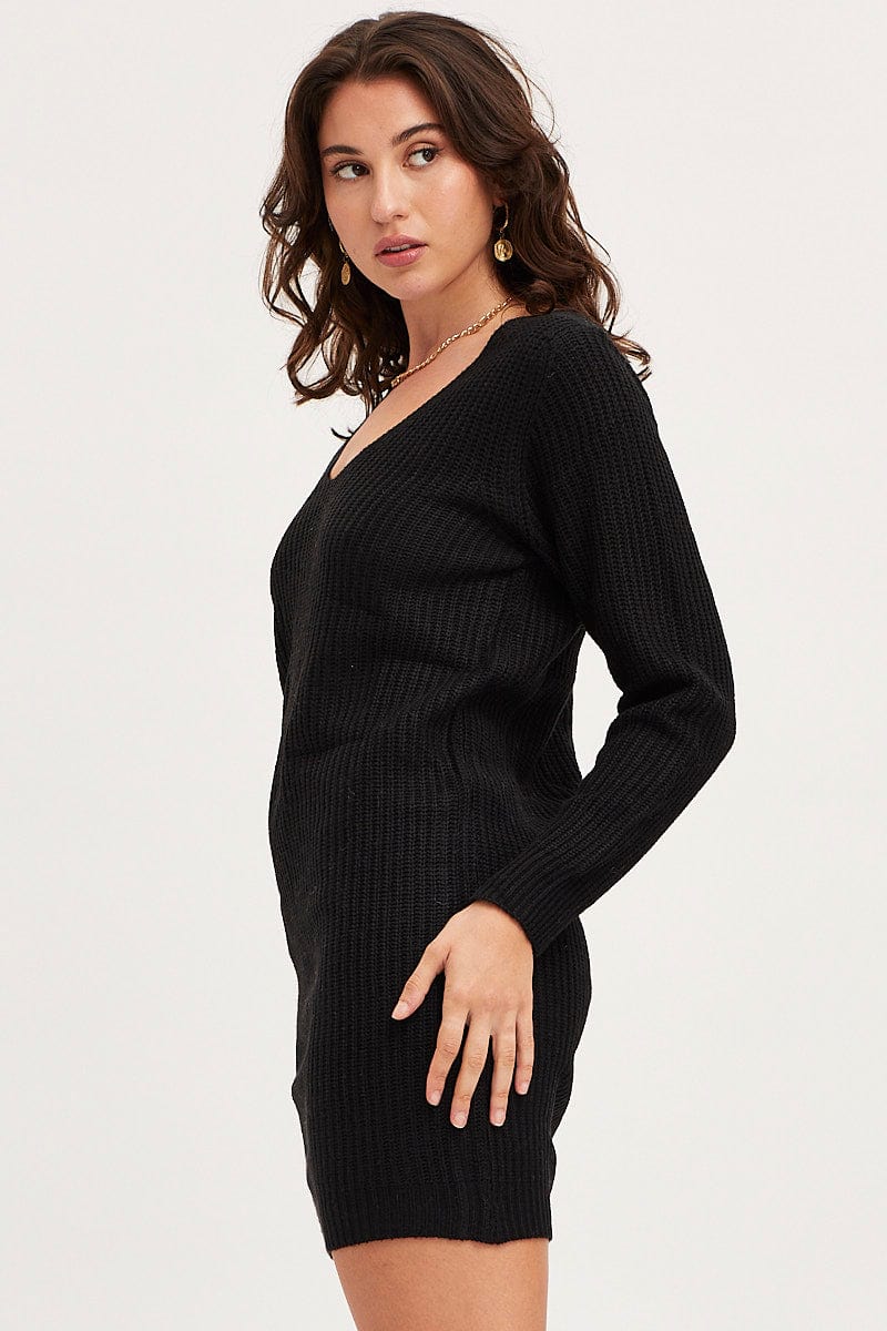 KNIT DRESS Black Dress Long Sleeve Mini V Neck Knit for Women by Ally
