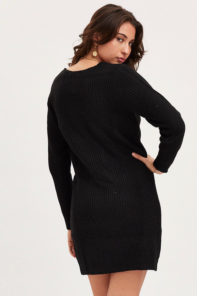 KNIT DRESS Black Dress Long Sleeve Mini V Neck Knit for Women by Ally