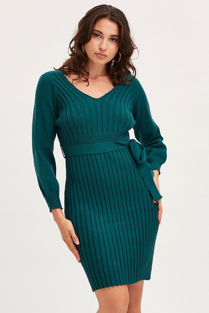 KNIT DRESS Green Bodycon Dress Long Sleeve Mini for Women by Ally
