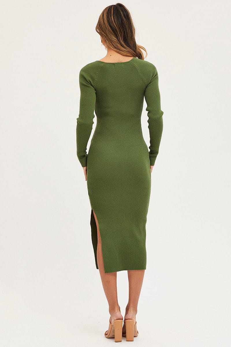 Green Knit Dress With Sleeves Knitted Ribbed Maxi Dress Green NA-KD Green Knit Dress With Sleeves Knitted Ribbed Maxi Dress Green NA-KD