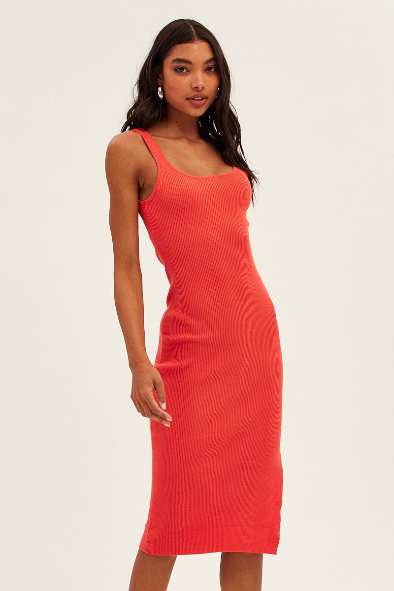 KNIT DRESS Orange Midi Dress Bodycon Round Neck Ribbed Knit for Women by Ally