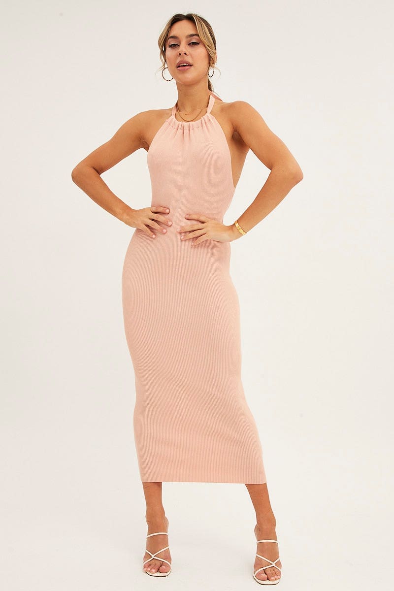 KNIT DRESS Pink Halter Dress Midi Knit Bodycon for Women by Ally