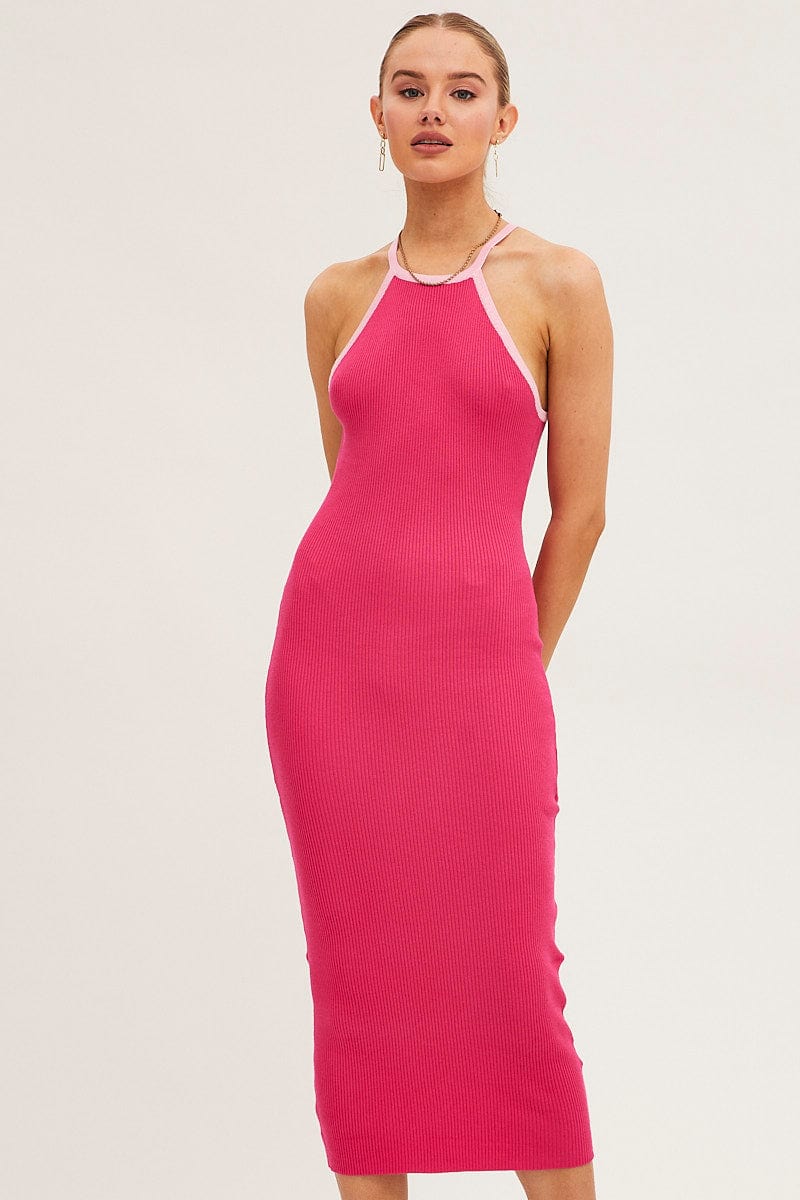 KNIT DRESS Pink Knit Dress Midi Halter Neck Binding Detail for Women by Ally