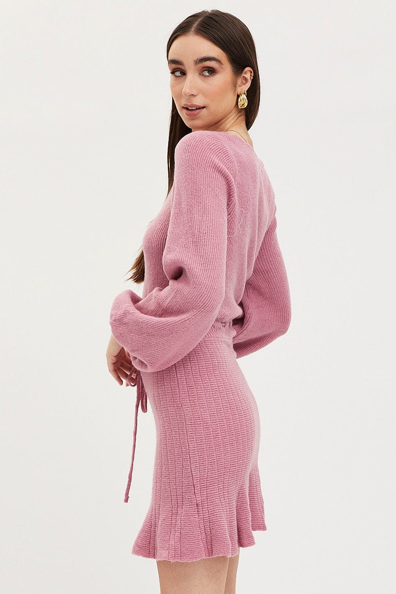 KNIT DRESS Pink Tie Up Dress Long Sleeve Mini for Women by Ally