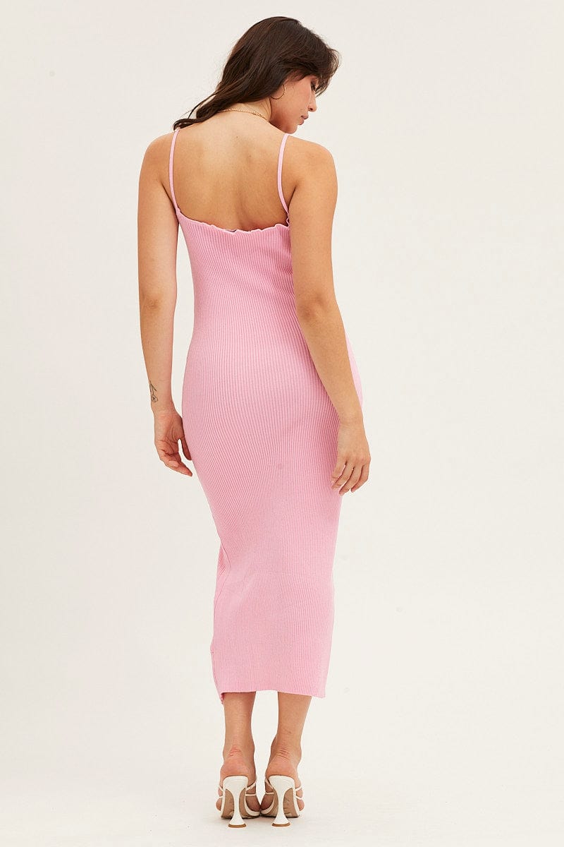 KNIT DRESS Pink V Neck Kint Midi Dress for Women by Ally