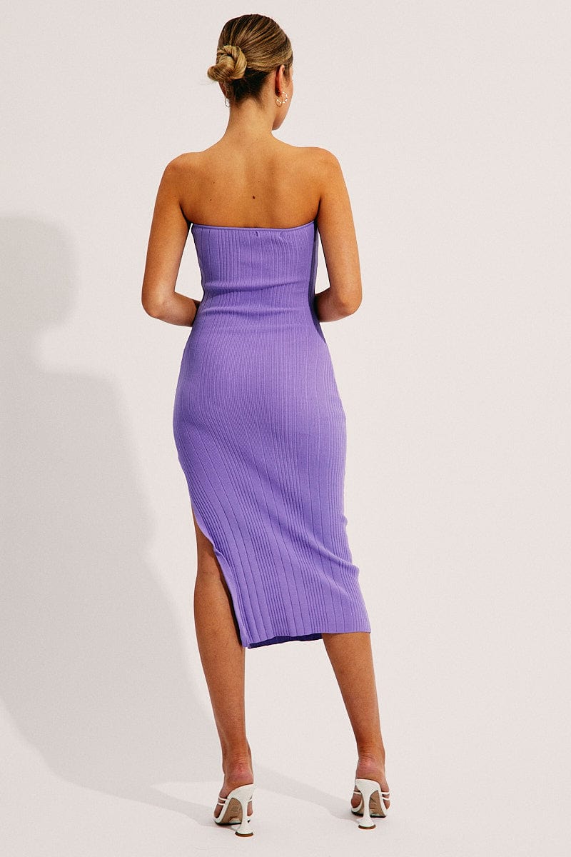 KNIT DRESS Purple Bandeau Knit Midi Dress for Women by Ally