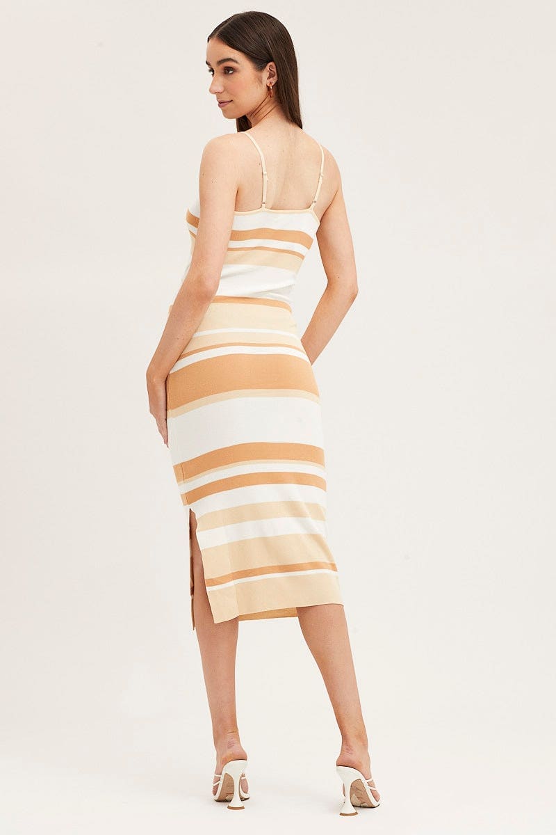 KNIT DRESS Stripe Midi Dress Sleeveless Cut Out Square Neck for Women by Ally