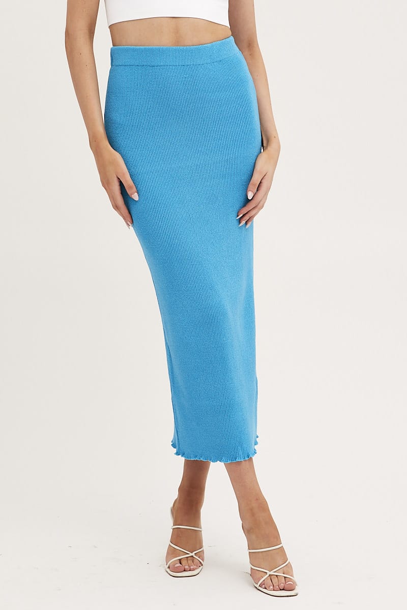 Blue Maxi Skirt Knit High Waist Ally Fashion