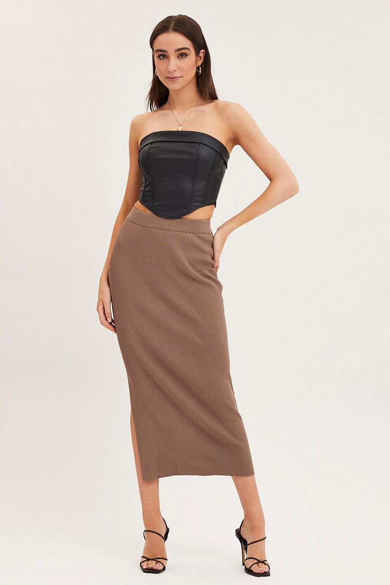 KNIT SKIRT Brown Knit Skirt Midi High Rise for Women by Ally