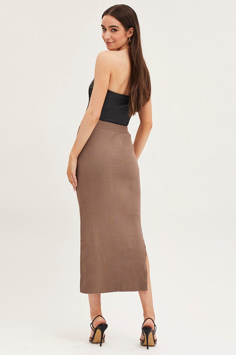 KNIT SKIRT Brown Knit Skirt Midi High Rise for Women by Ally