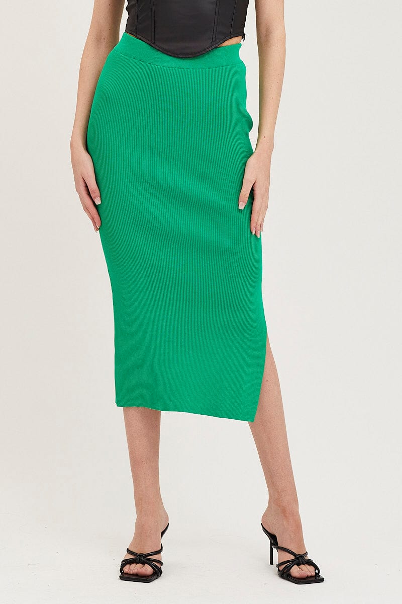 Women’s Green Knit Skirt Midi Side Split Ally Fashion