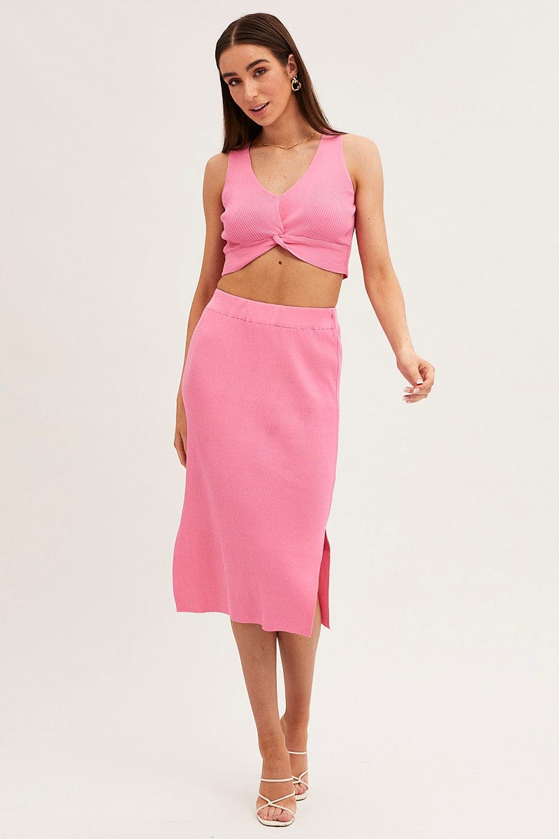 Pink Knit Skirt Midi High Rise Ally Fashion