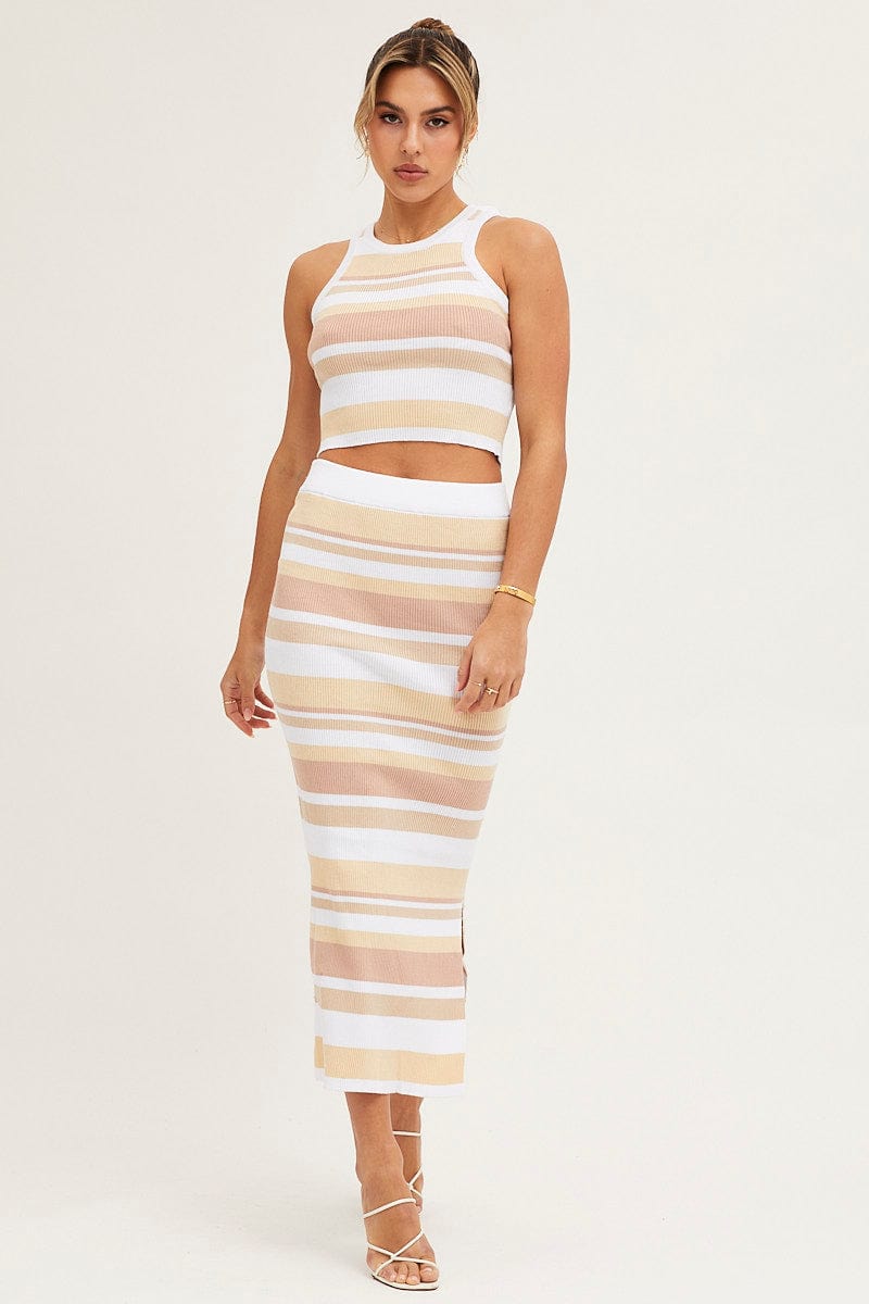 KNIT SKIRT Stripe High Waist Side Split Knit Midi Skirt for Women by Ally