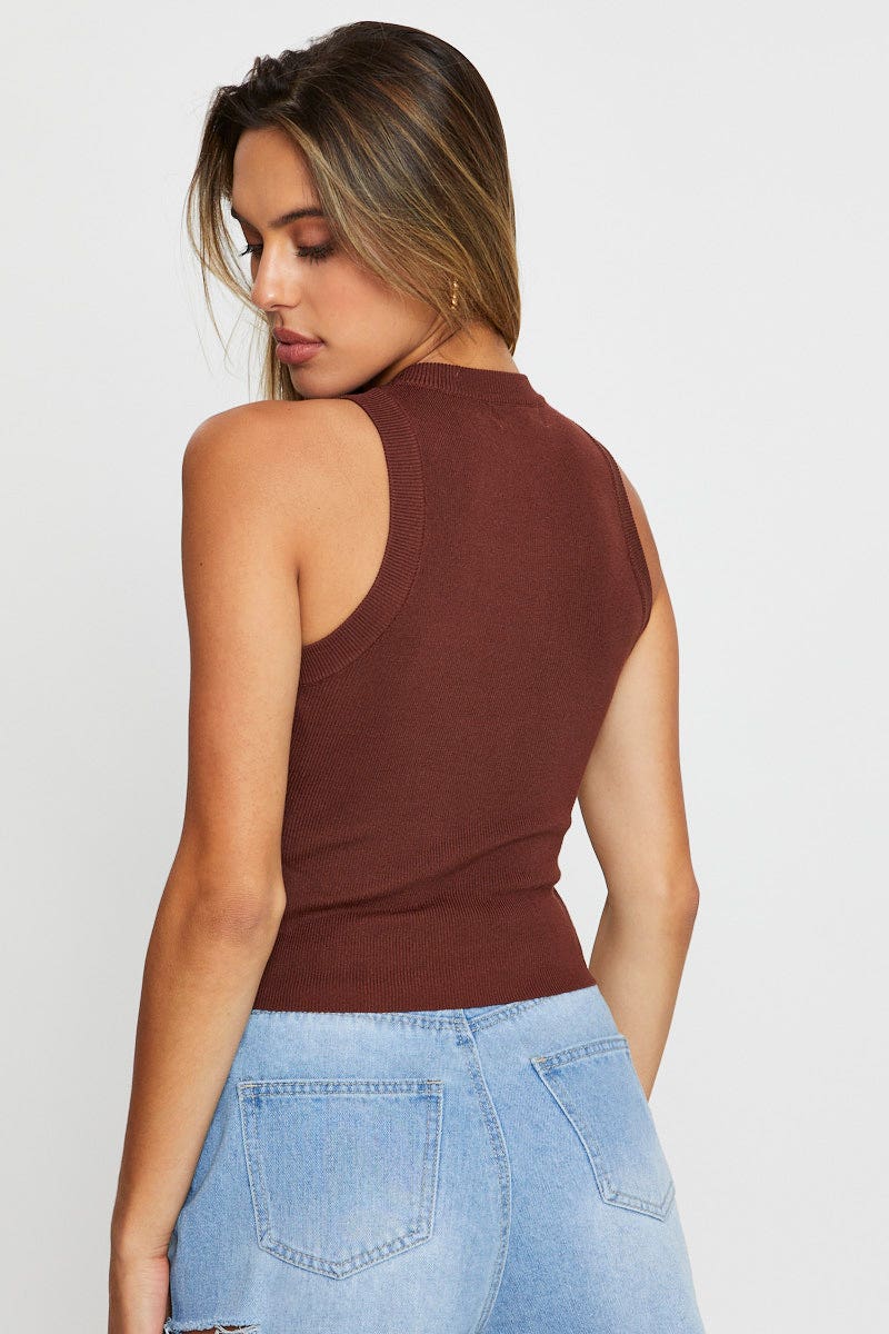 Women's Brown Knit Top Sleeveless