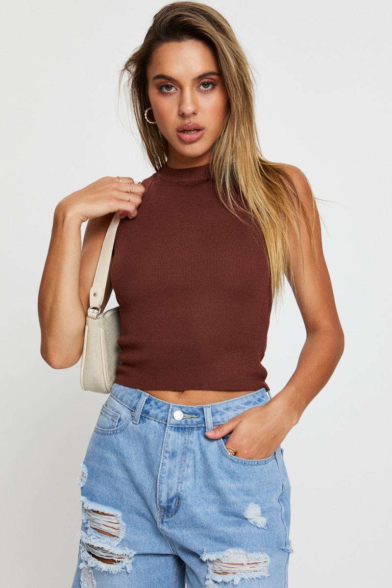 KNITTED SLVLESS Brown Knit Top Sleeveless for Women by Ally