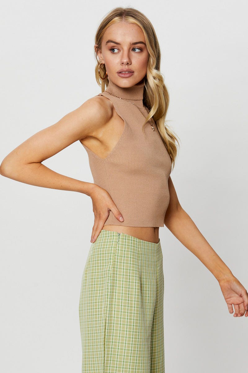 KNITTED SLVLESS Camel Knit Top Sleeveless Turtleneck for Women by Ally