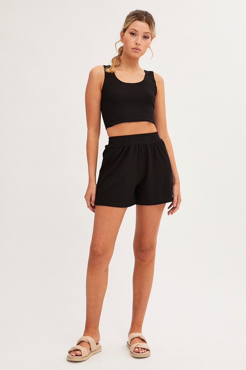 LG SET Black Rib Jersey Crop And Shorts Set for Women by Ally