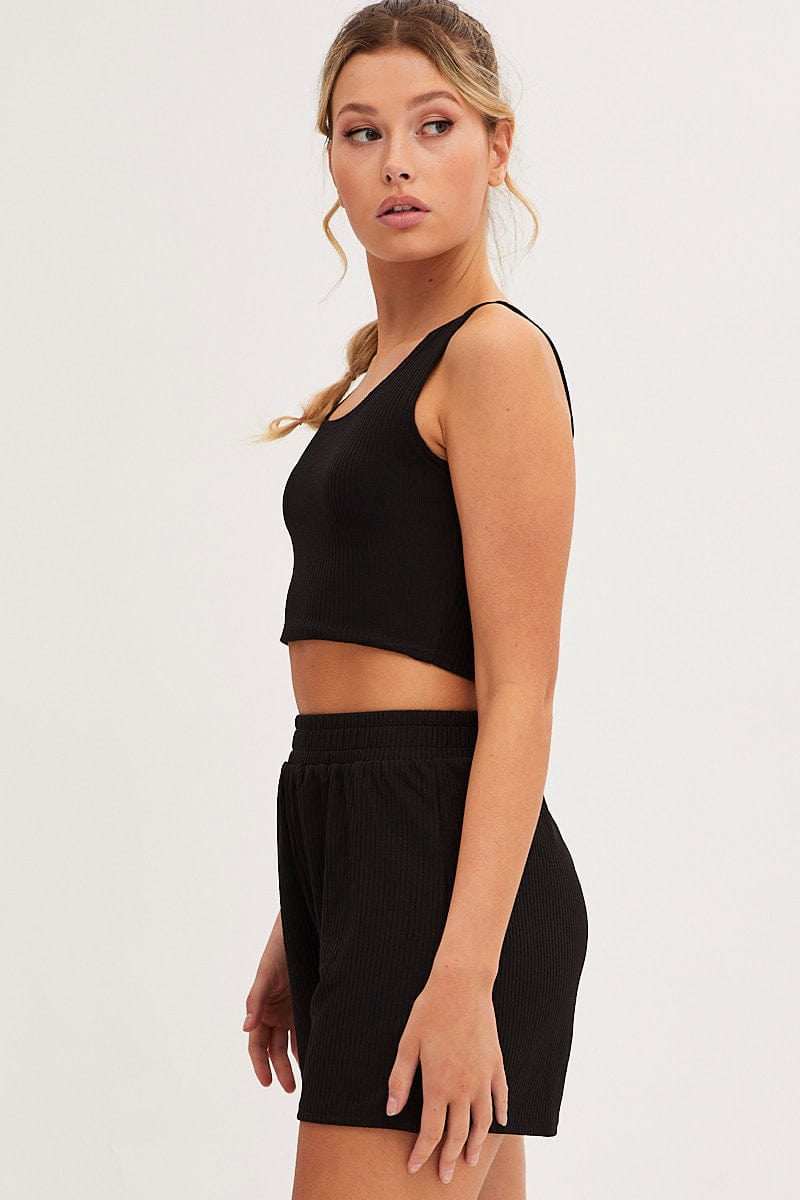 LG SET Black Rib Jersey Crop And Shorts Set for Women by Ally