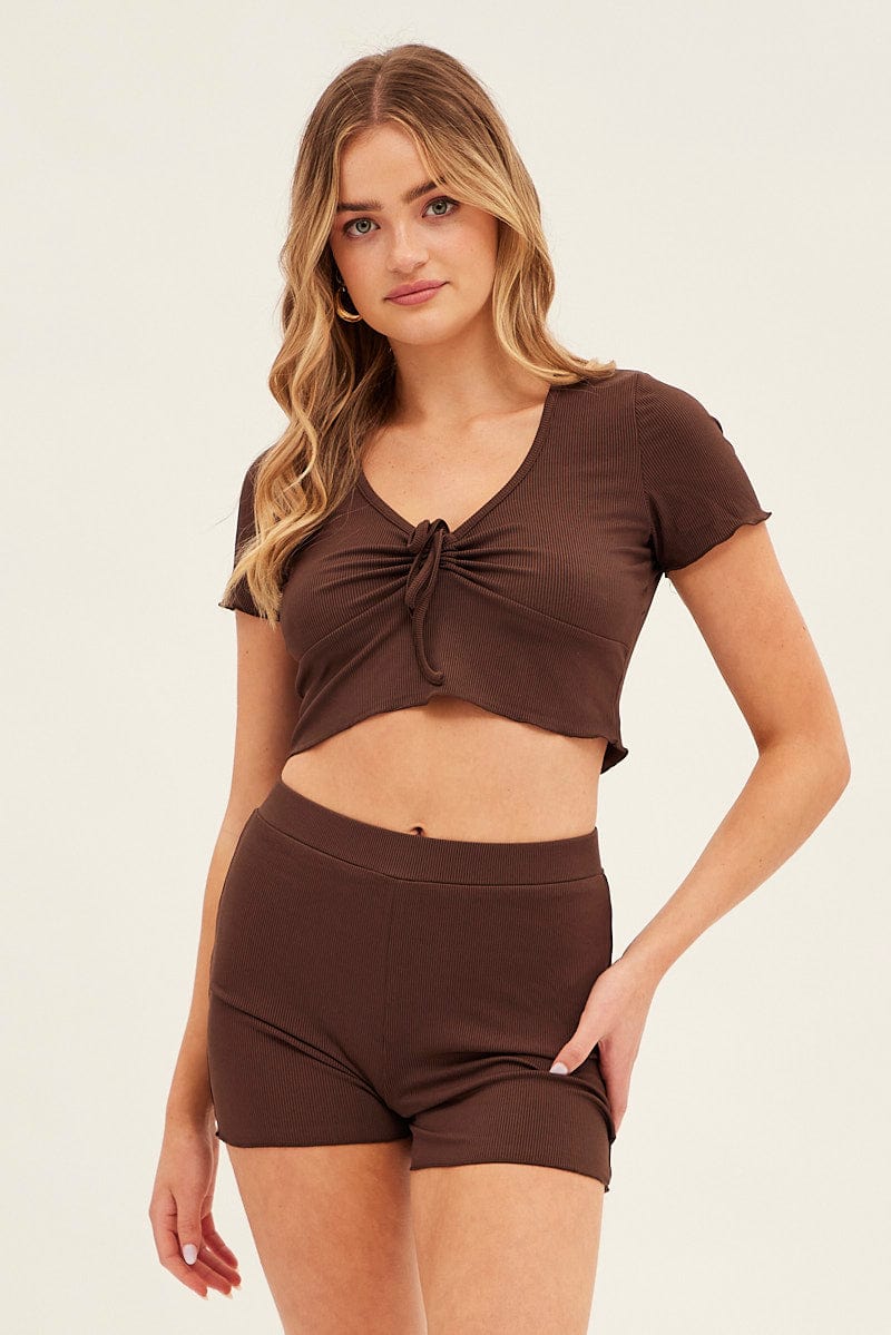LG SET Brown Ruched Crop Top Loungewear Set for Women by Ally