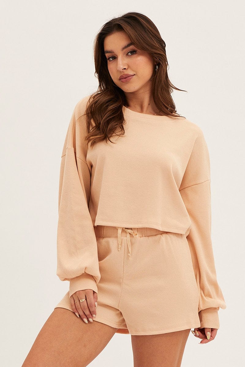 LG TOP Camel Loungewear Shirts Crop Cotton for Women by Ally