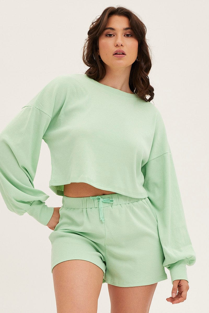 Women’s Green Loungewear Shirts Crop Cotton | Ally Fashion